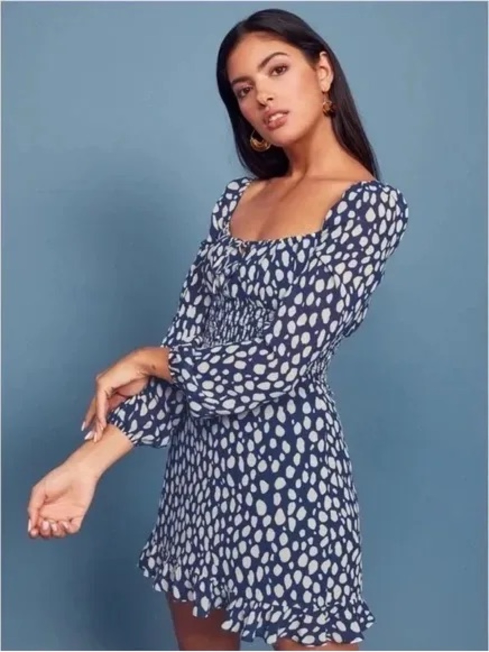 Reformation Rue Mini Dress Lolita Navy Blue White Splatter Smocked Size 6